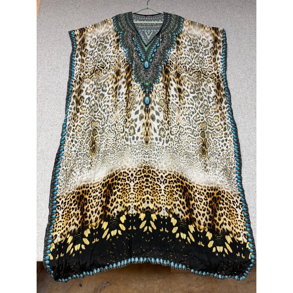 Leopard Print Kaftan Maxi Dress Rhinestone Embellished Animal Print Resort